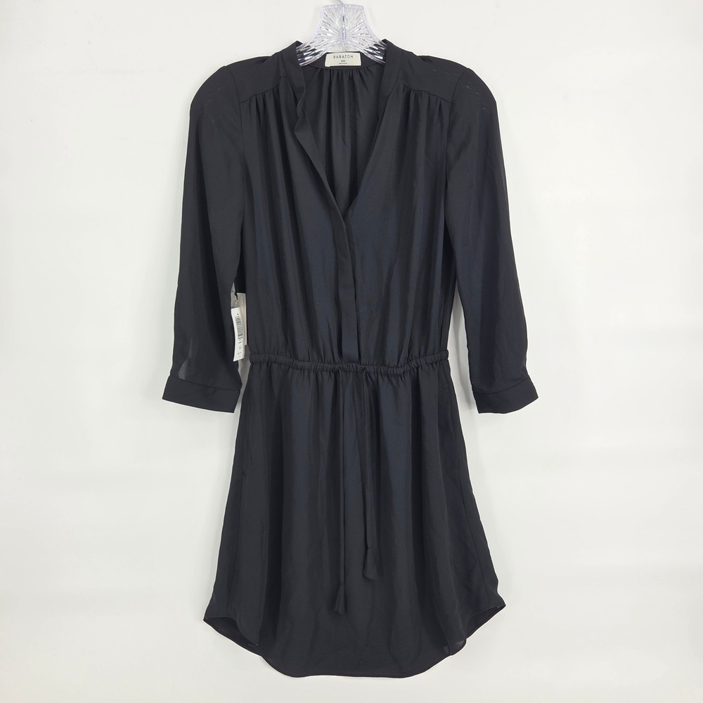 Babaton Bennet Dress XXS Black Minimalist Chic V-Neck Drawstring Waist 63627